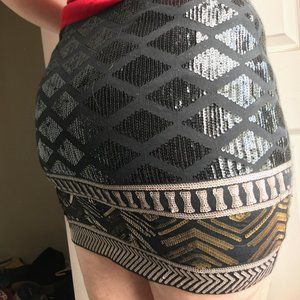 Black/metallic geometric sequin stretch miniskirt
